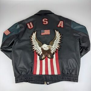 Vintage Prestige Mens Size L Leather Jacket American Flag USA Eagle Biker *Read*